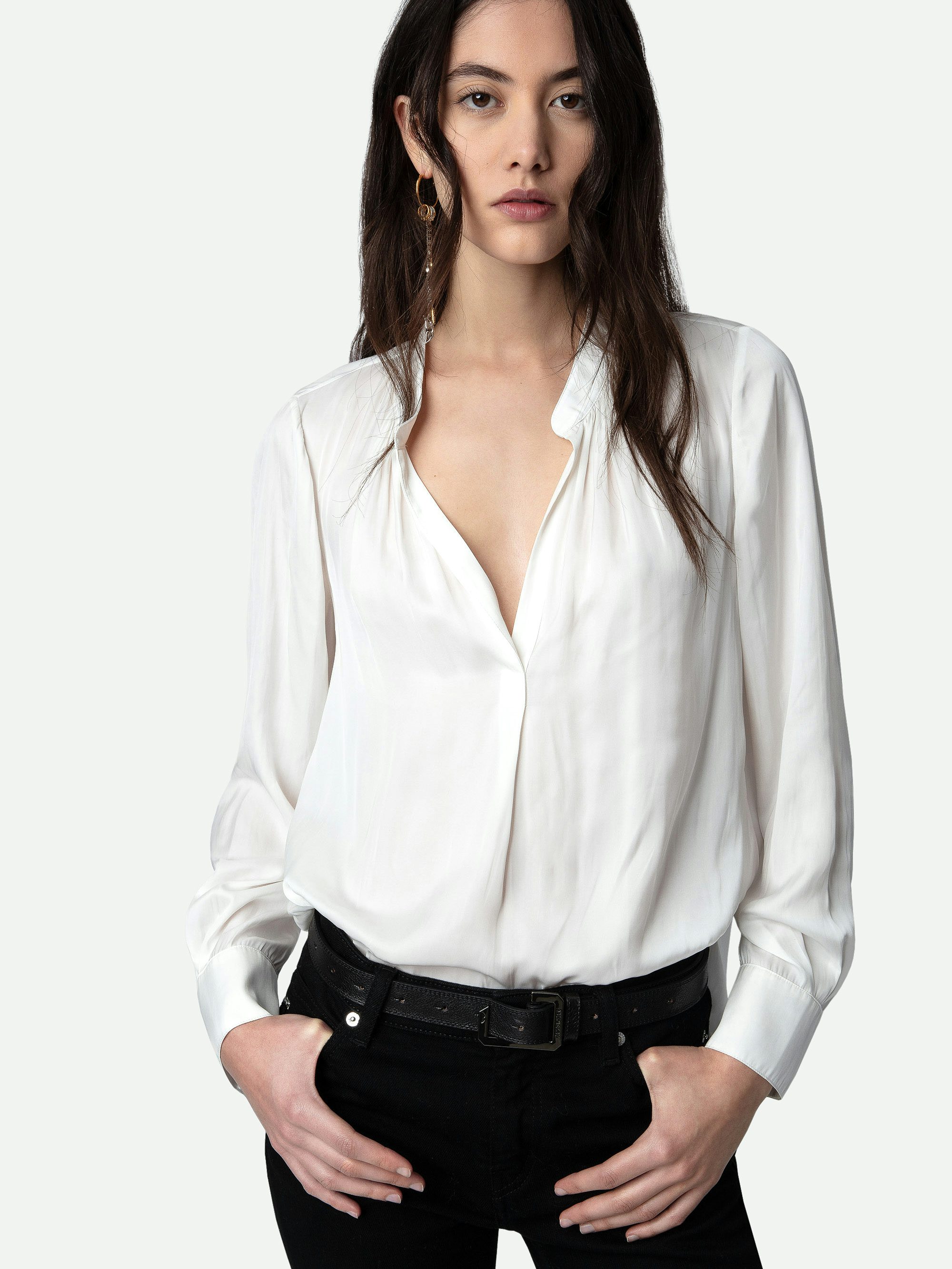 Tink Satin Blouse - Open-collar satin blouse with long sleeves and gathered details.